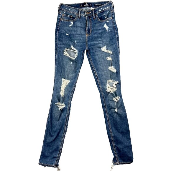 Hollister Juniors 1R w25 Blue Denim Distressed Curvy High-Rise Super Skinny - Picture 1 of 14